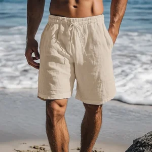 Men Cotton Linen Shorts Summer Lightweight Breathable Casual Beach Style Shorts Basic Solid Color Sweatpants Elastic Wais